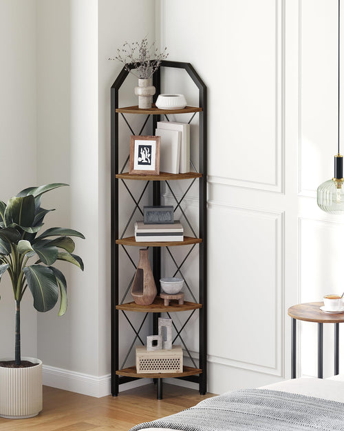 5-Tier Industrial Corner Shelf — Rustic Brown & Black, 59 in