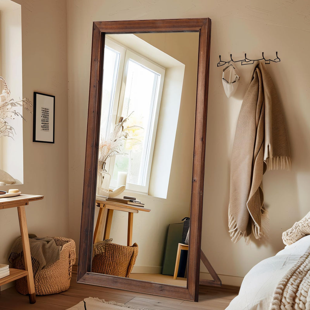 71" x 32" Rustic Farmhouse Full Length Mirror – Wood Frame Free-Standing Floor Mirror