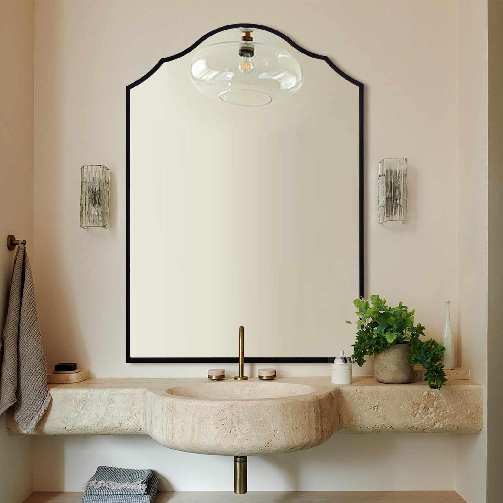 Large Arched Wall Mirror with Black Metal Frame, 40" x 28" – Antique-Style Vanity Mirror