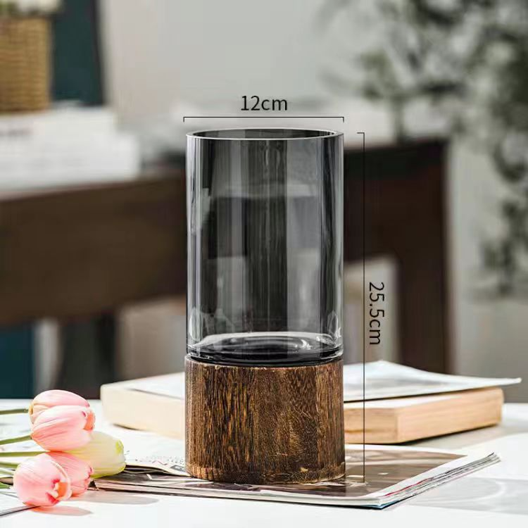 Modern Glass Hydroponic Vase with Wooden Stand – Minimalist Tabletop Flower Arrangement