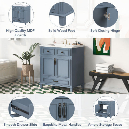 30 Inch Bathroom Vanity with Resin Sink, Solid Wood Frame – Storage Cabinet with Soft Close Door