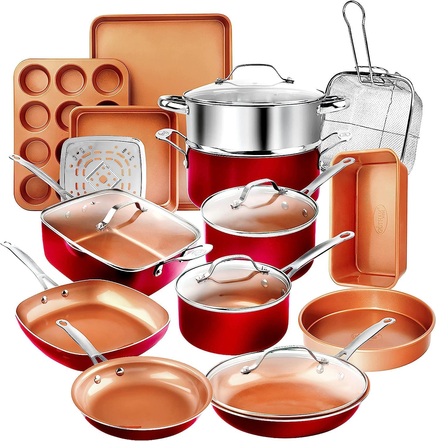Gotham Steel Nonstick Cookware & Bakeware Set, 20 Piece, Red