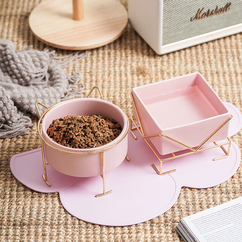 Ceramic Double Cat Bowl with Iron Stand for Pets