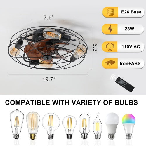 Cage Ceiling Fan with Light, 20 Inch Farmhouse Low Profile, Remote Control
