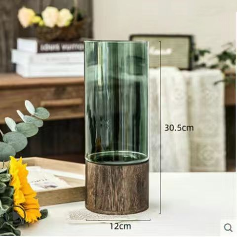 Modern Glass Hydroponic Vase with Wooden Stand – Minimalist Tabletop Flower Arrangement