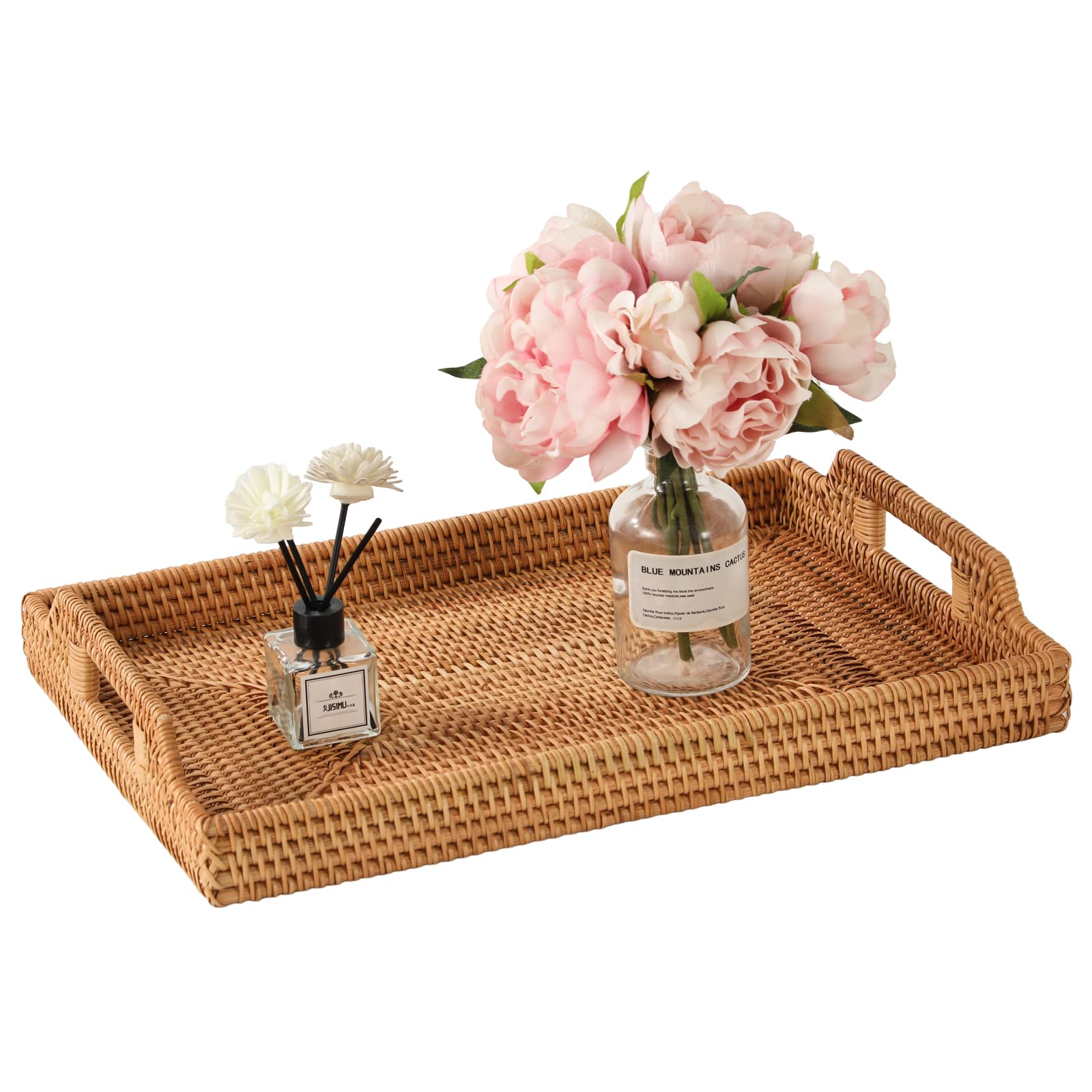 17 Inch Rattan Serving Tray with Handles, Rectangle