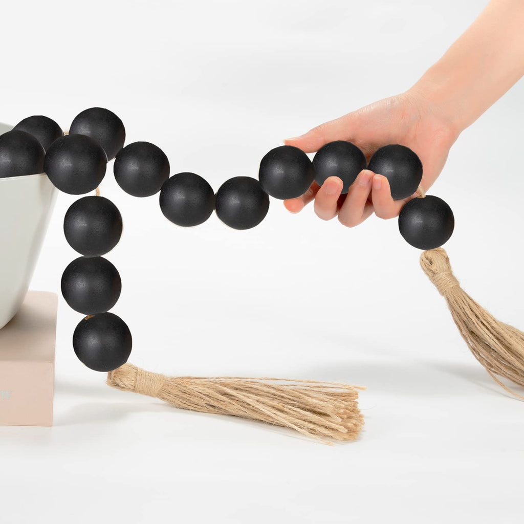 OMISHE 50" Long Large Wood Bead Garland with 1.6" Diameter Wooden Beads and Tassels Rustic Farmhouse Country Wood Beads Garland for Home Tiered Tray Decor Decorative Beads with Tassels Black