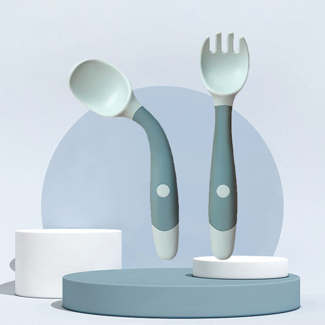 2PCS Soft Silicone Baby Utensils Fork and Spoon Set