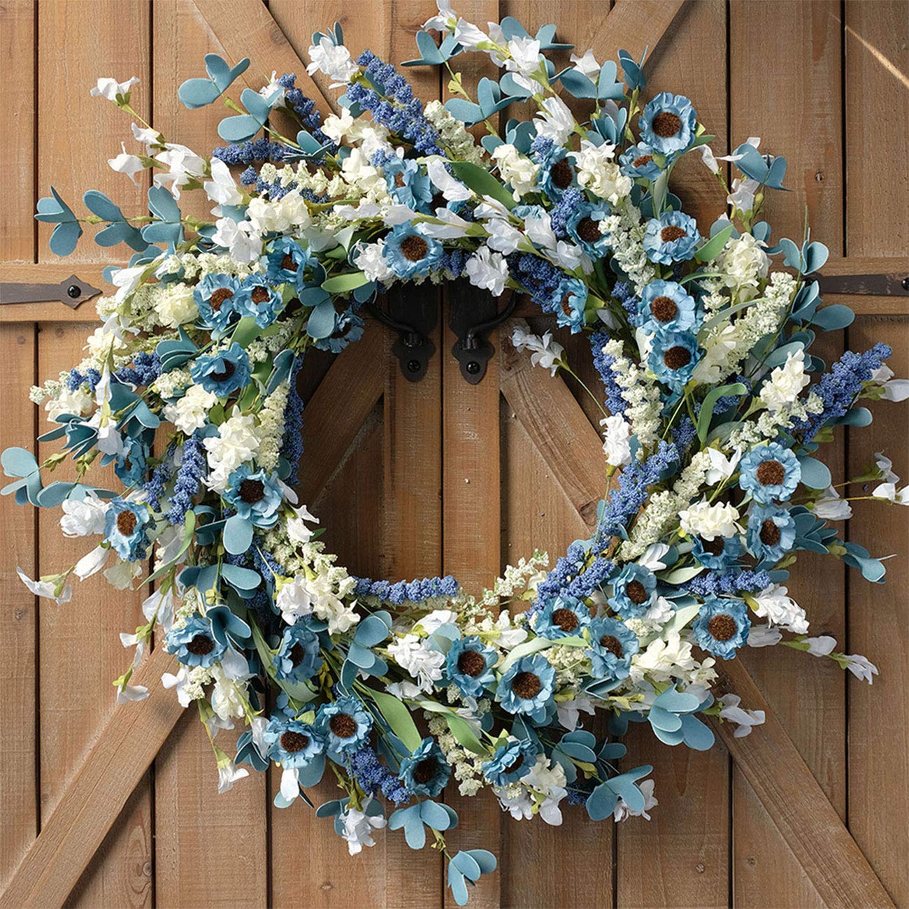 20 Inch Spring Wreath, Blue with Daisy & Greenery, Artificial