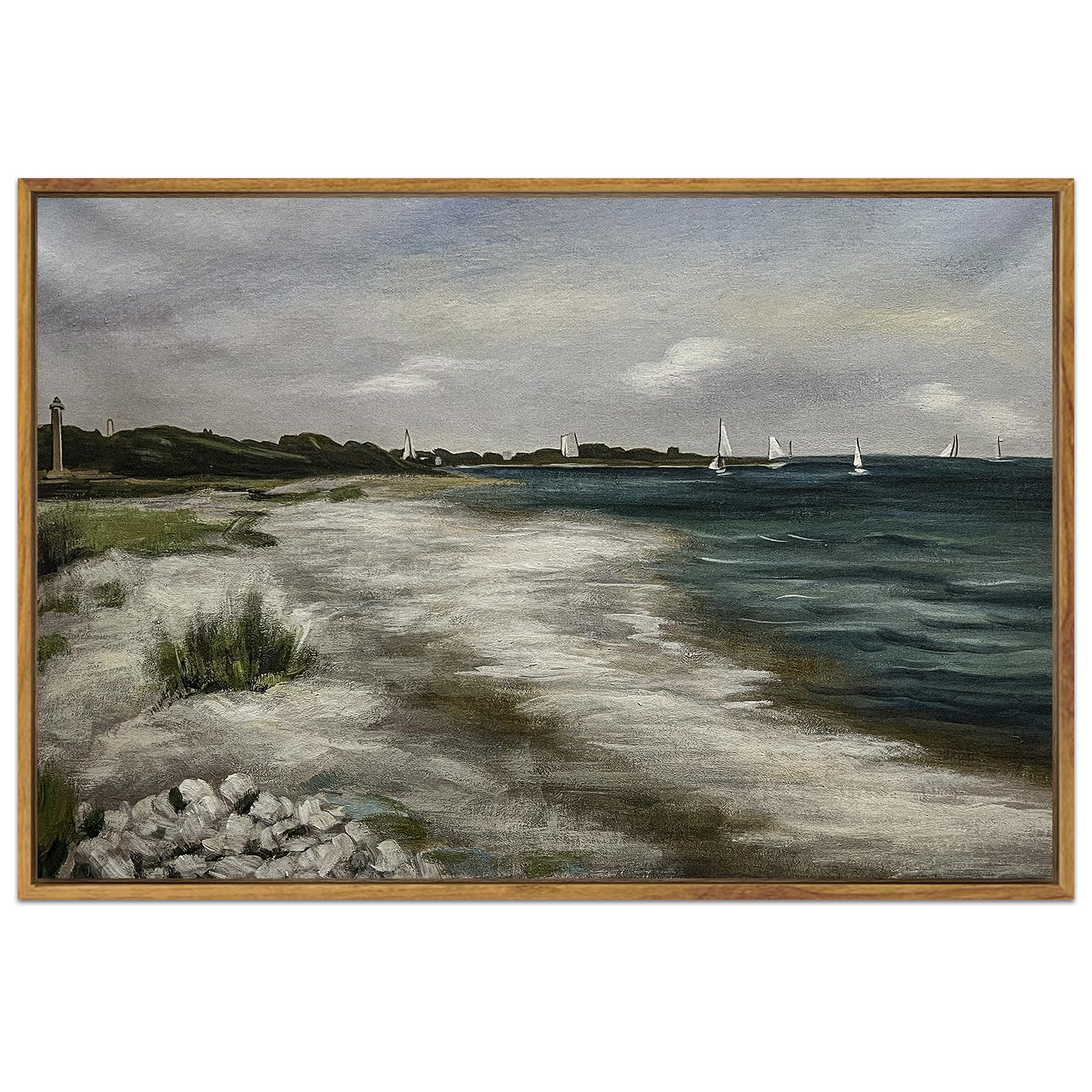 Vintage Landscape Seascape Framed Canvas Wall Art, 24x36, Natural Frame