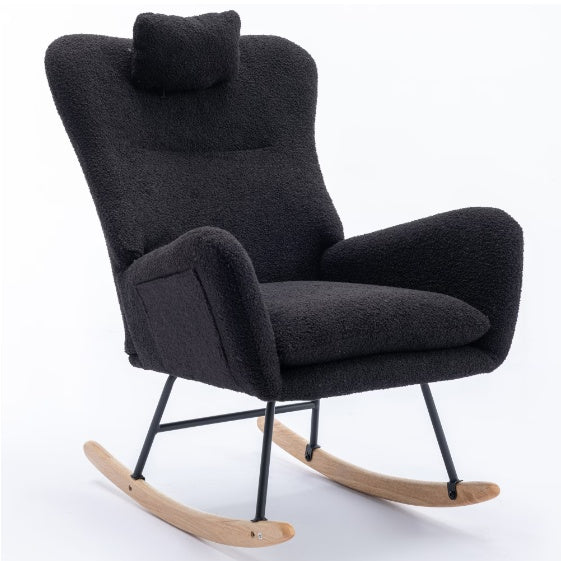 Rocking Chair With Pockets, Soft Teddy Fabric Rocking Chair For The Baby's Room, Comfortable Wingback Gliding Rocking Chair