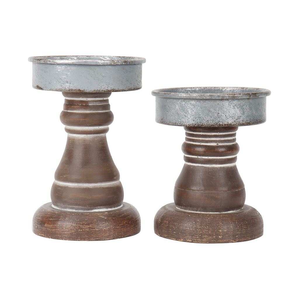 GenMous&Co. Decorative Candle Holders Pedestal Rustic Wood for Pillar Candle Farmhouse Candlestick Holder Galvanized Plate for Mantel Dining Table CenterpieceCoffee BarSet of 2（Brown
