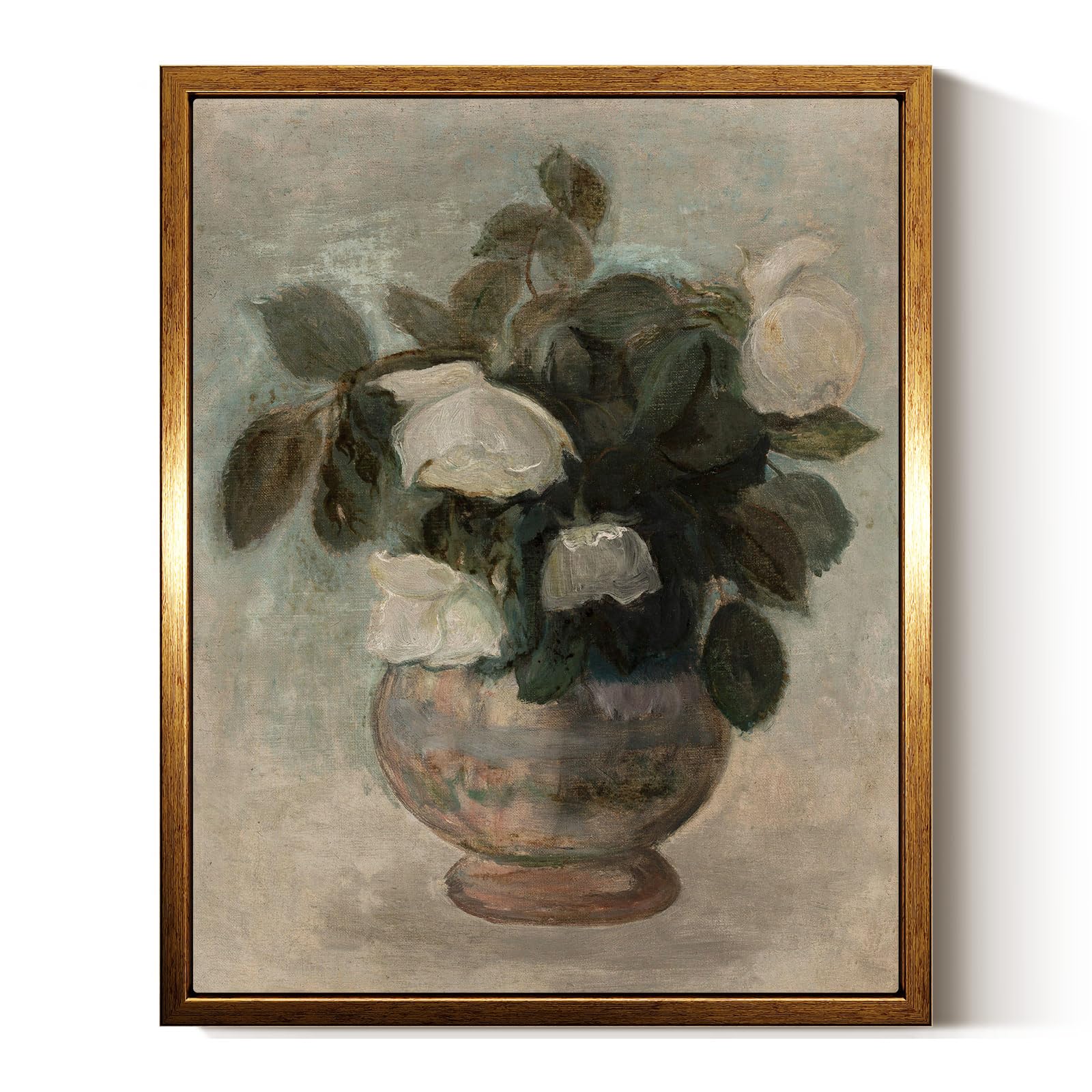 InSimSea Golden Framed Vintage Canvas Wall Art Still Life White Roses Painting Botanical Muted Prints 8x10in Flowers in Vase Classical Rustic Farmhouse Wall Decor Floral Home Bathroom Decor