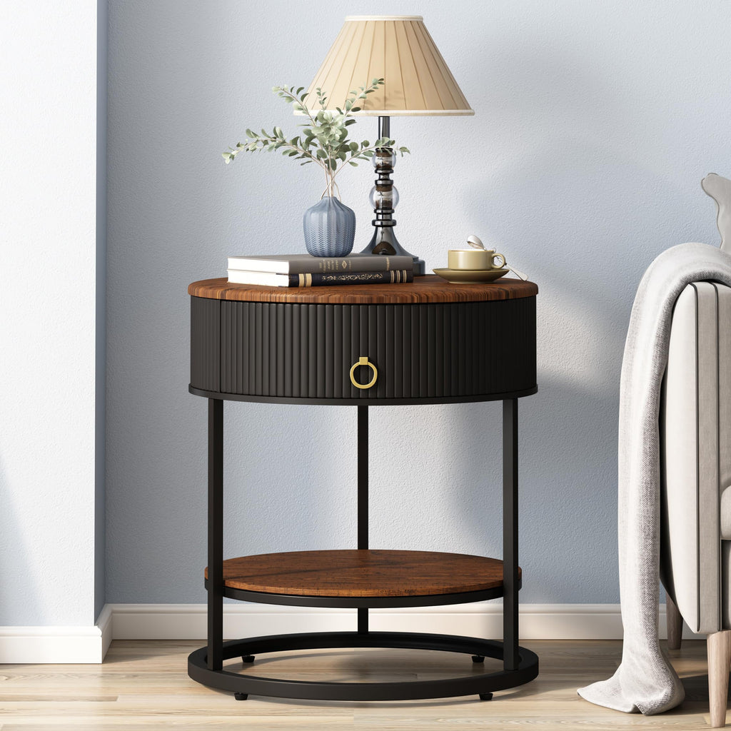 OIOG Round End Table with Drawer Modern Wood Grain Side Table with Shelf 2-Tier Nightstand with Drawer for Living Room Bedroom Rustic Brown and Black