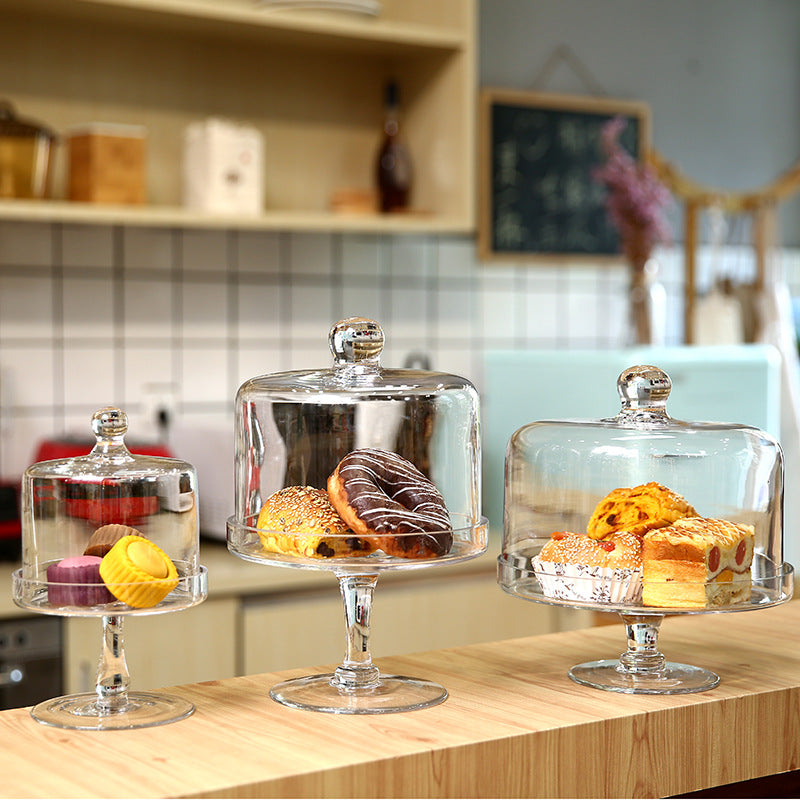Large Glass Cake Tray with Transparent Dust Cover
