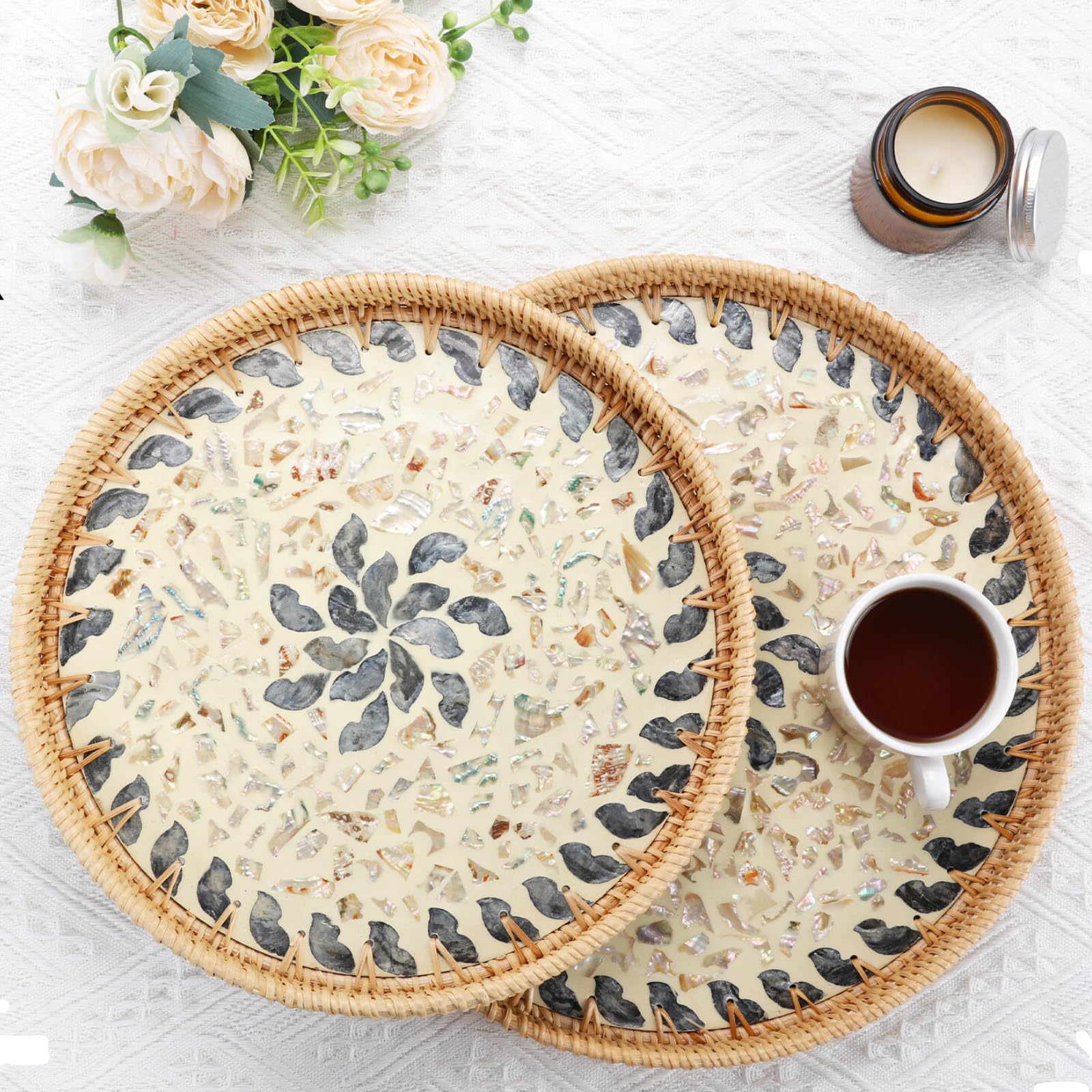 Rattan Serving Trays with Mother of Pearl Inlay, Set of 2, 14 & 12 Inch