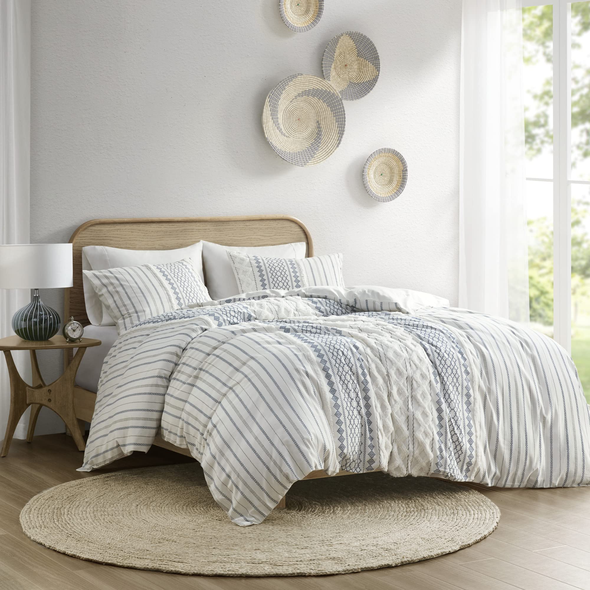 INK+IVY 100% Cotton Duvet Mid Century Modern Design All Season Comforter Cover Bedding Set Matching Shams Full/Queen Imani Chenille Navy
