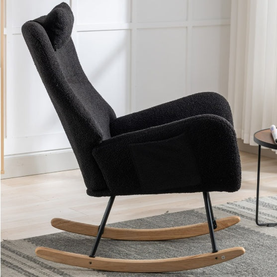 Rocking Chair With Pockets, Soft Teddy Fabric Rocking Chair For The Baby's Room, Comfortable Wingback Gliding Rocking Chair