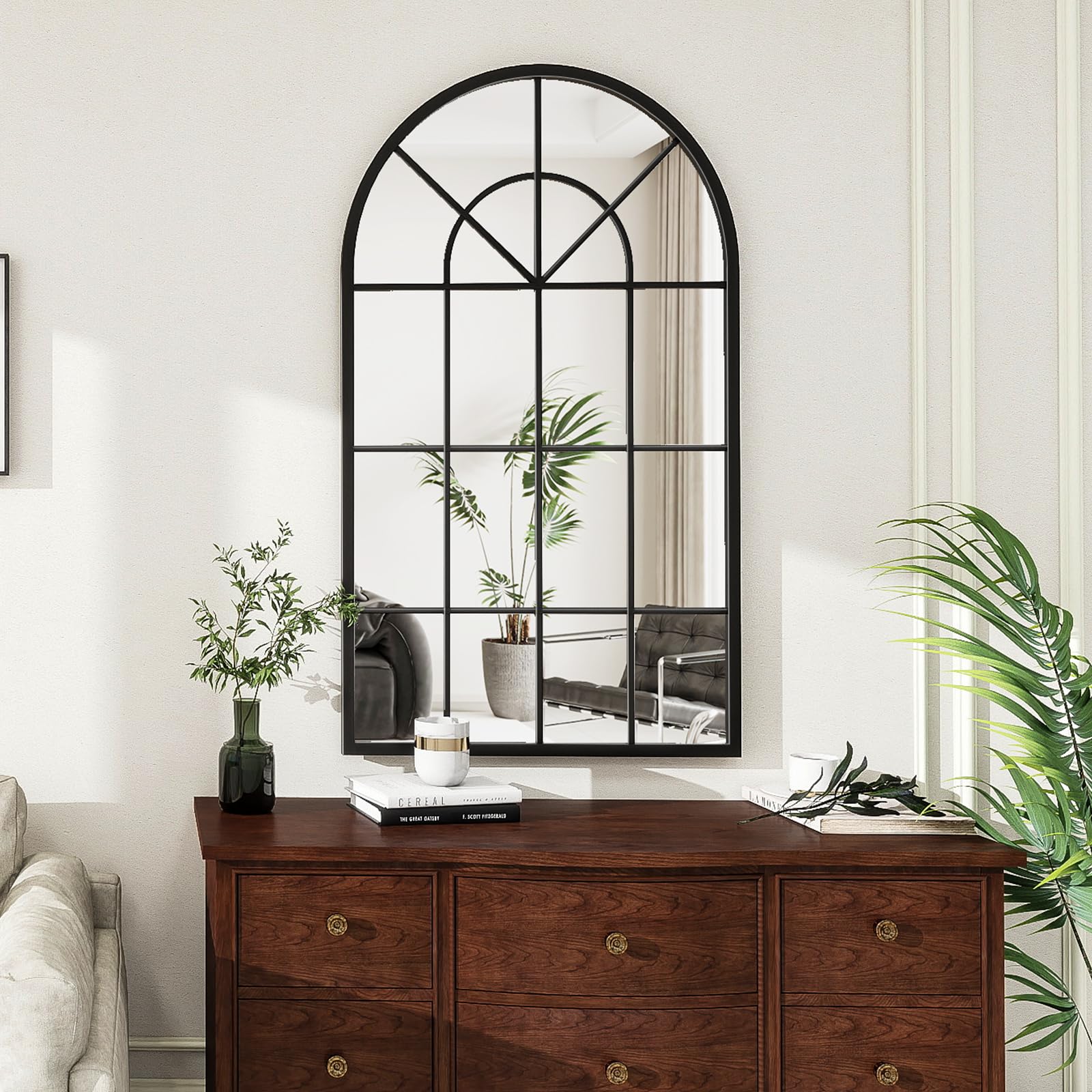 Arched Farmhouse Window Mirror with Iron Frame, 42" x 24" – Wall Mounted Mirror