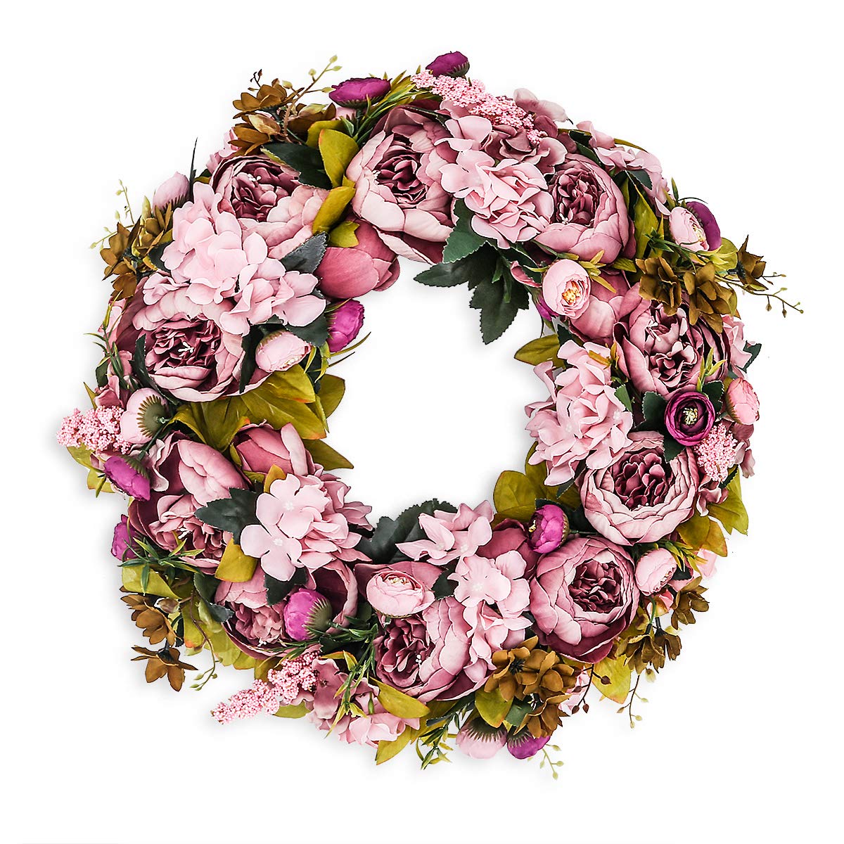19 Inch Artificial Peony Flower Wreath, Vintage Silk