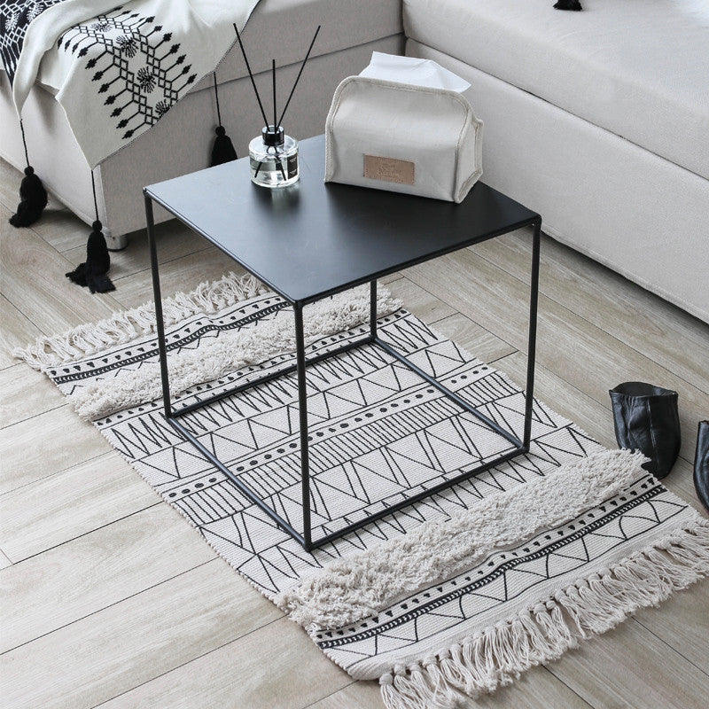 Geometric Black and White Moroccan Carpet with Tassels