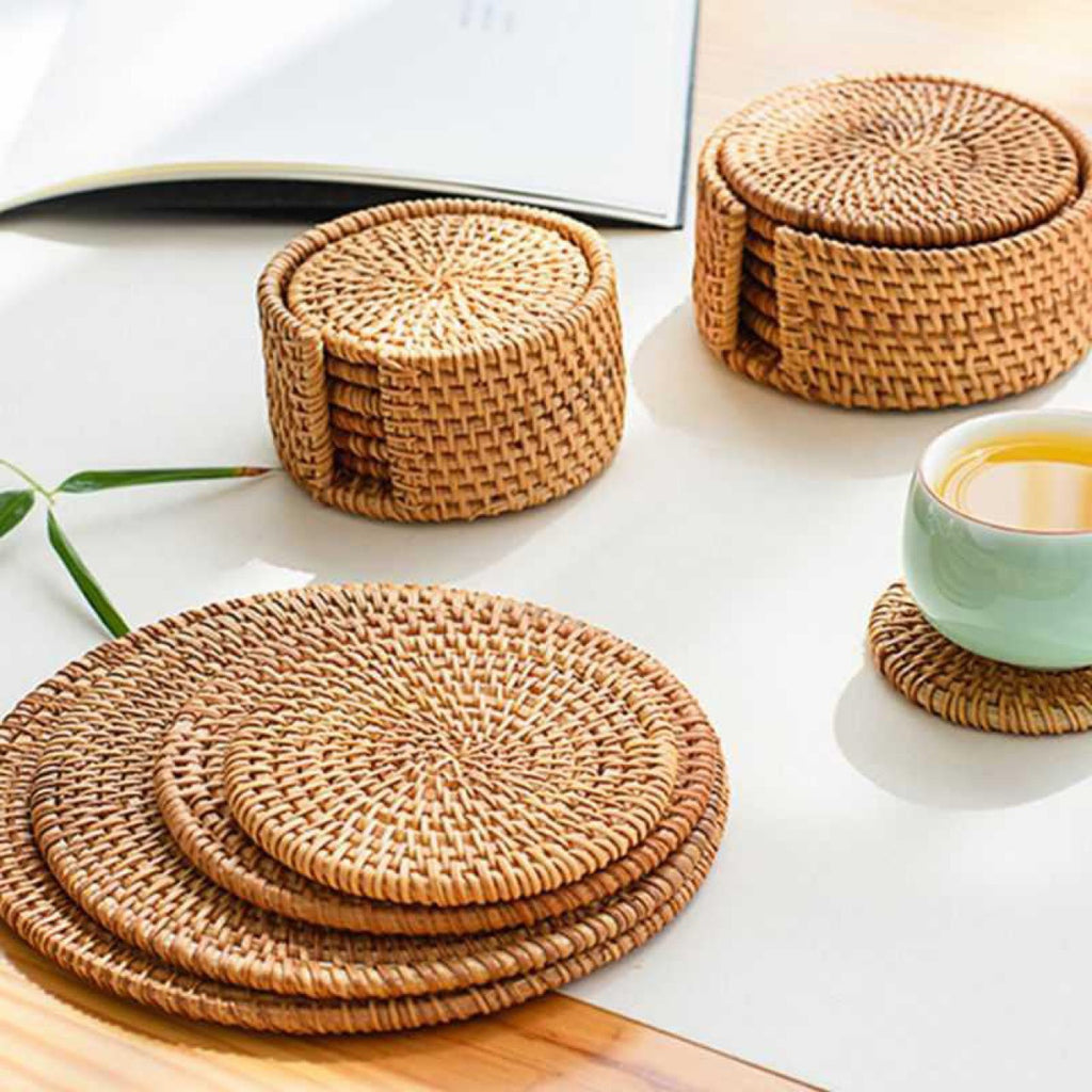 Woven Vietnamese Rattan and Bamboo Tea Coaster Set