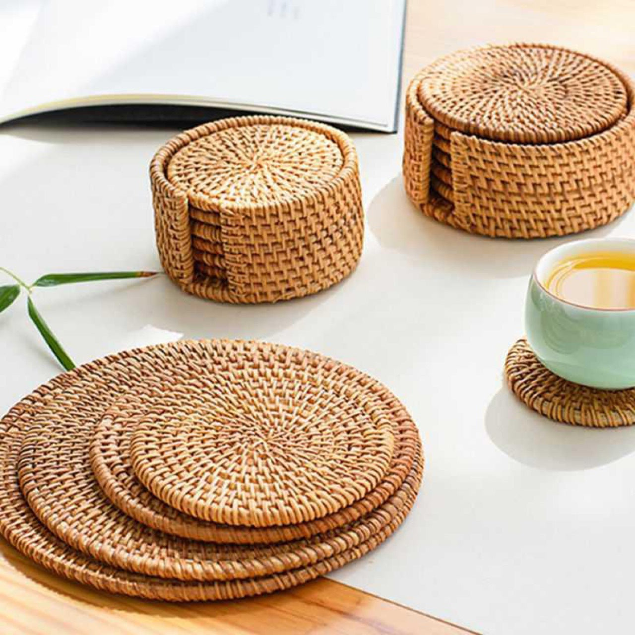 Woven Vietnamese Rattan and Bamboo Tea Coaster Set