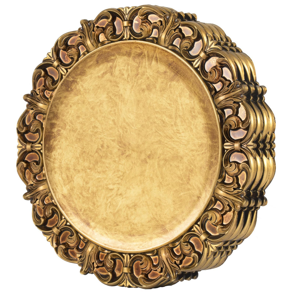 MAONAME 13" Antique Gold Charger Plates with Embossed Rims Set of 4 Plastic Plate Chargers for Dinner Plates Table Setting
