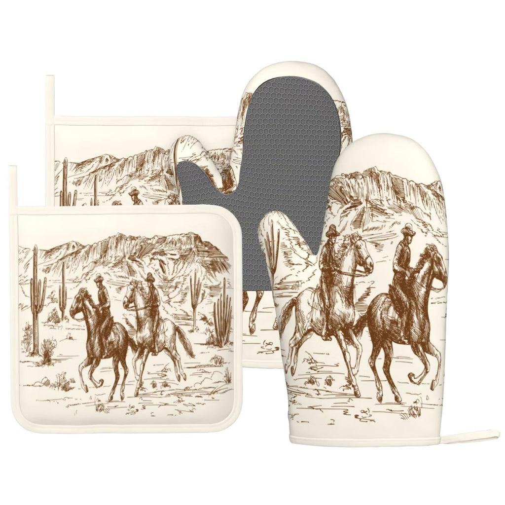 Cowboy Silicone Oven Mitts and Pot Holders Set, 4 Pcs
