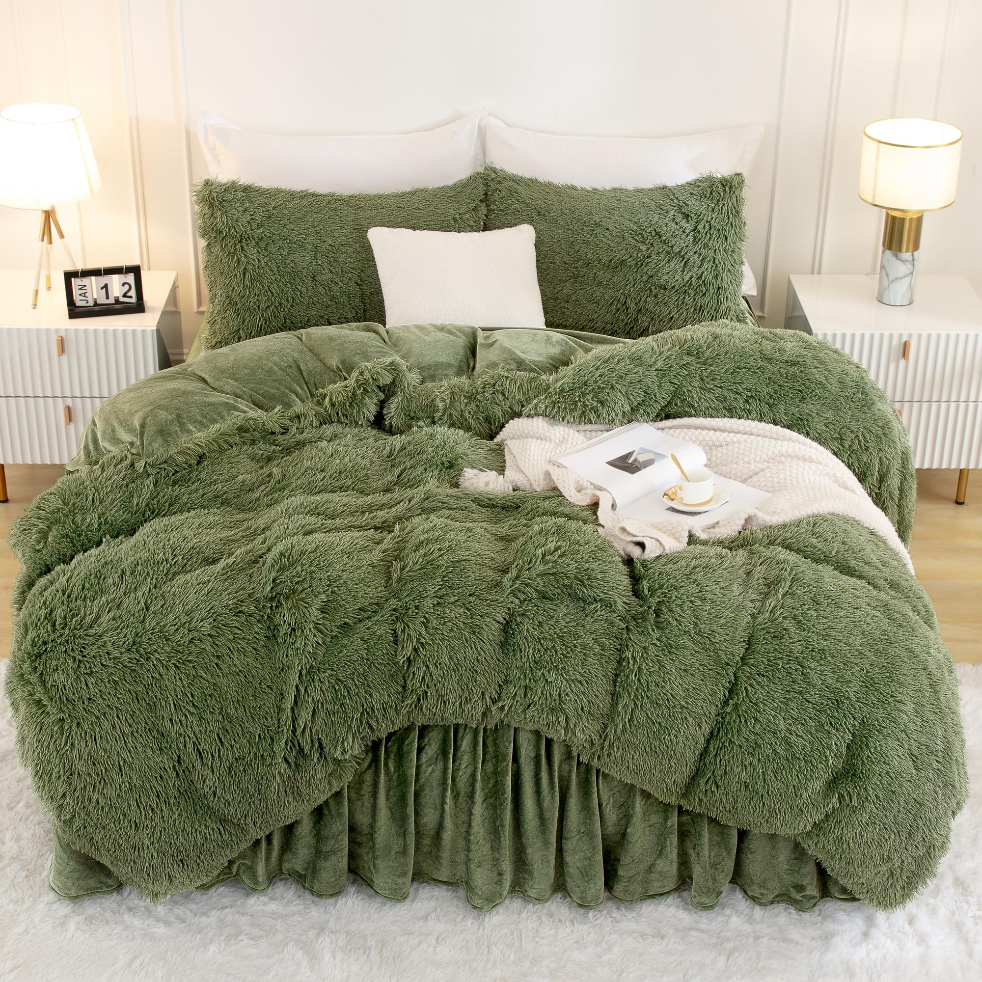 Sage Green Faux Fur Comforter Set — Queen, 3 Piece Plush Bedding
