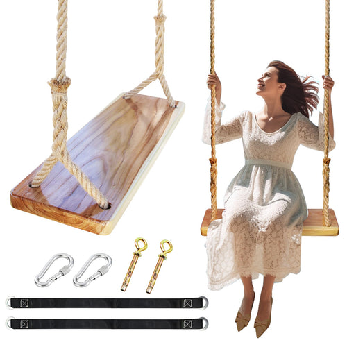 Adjustable Wooden Tree Swing Seat with Hemp Rope, 500 lbs