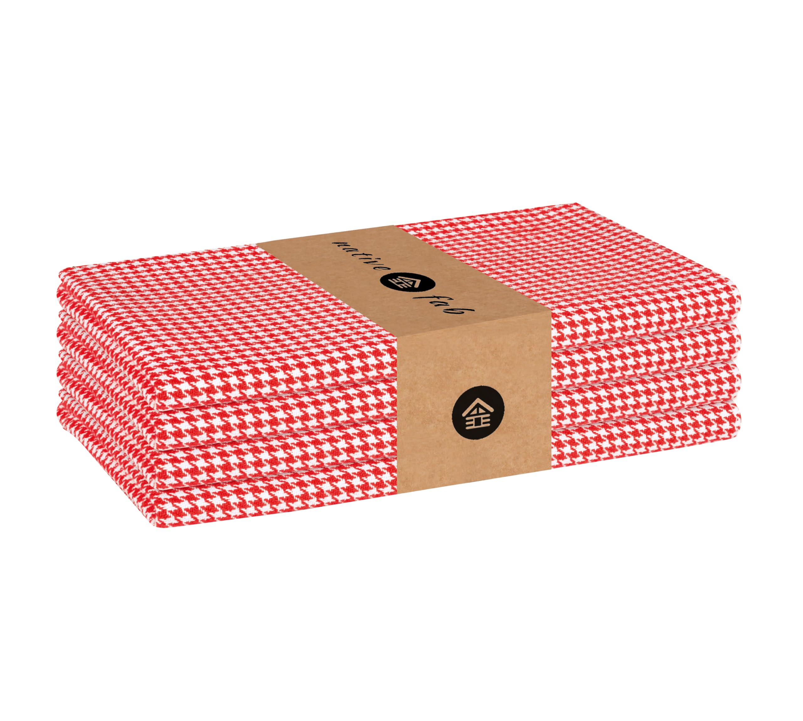 Native Fab Houndstooth Cloth Napkins, 18x18 Inch, Set of 4, Red