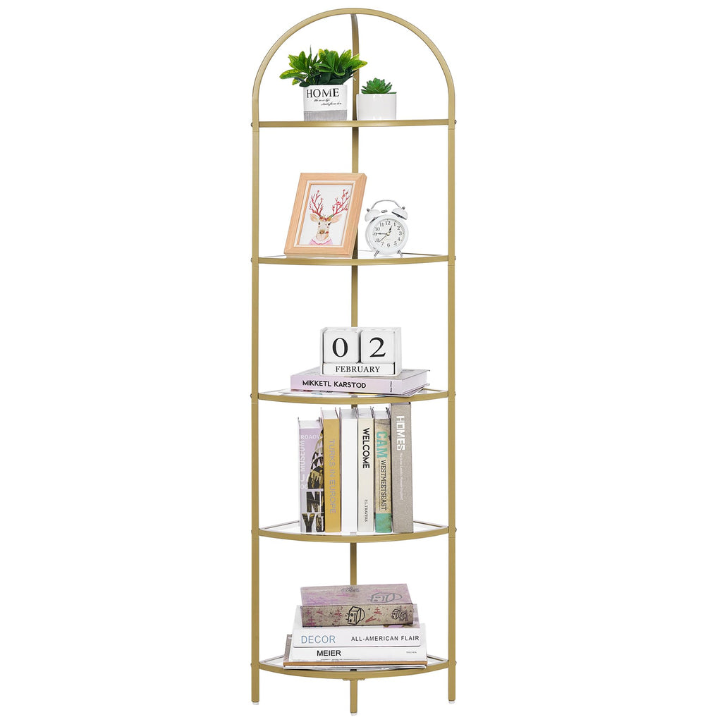 Homhedy 5-Tier Corner Shelf Stand Metal Corner Bookshelf Tempered Glass Shelves Bathroom Storage Rack Shelf Plant Stand Modern StyleGolden