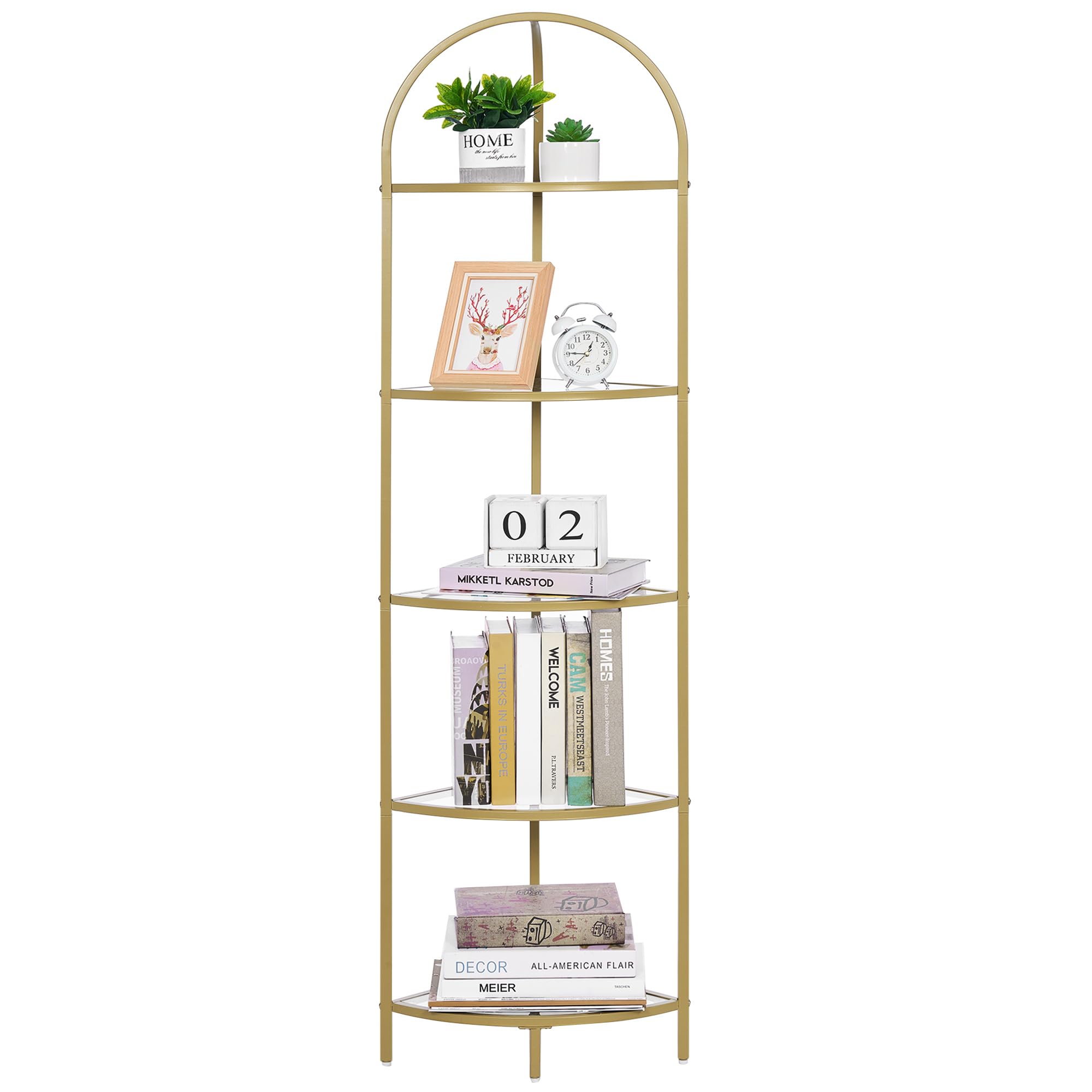 Homhedy 5-Tier Corner Shelf Stand Metal Corner Bookshelf Tempered Glass Shelves Bathroom Storage Rack Shelf Plant Stand Modern StyleGolden