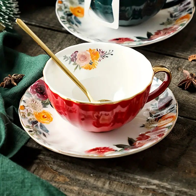 Vintage Ceramic Coffee Mug Set with Saucer and Spoon