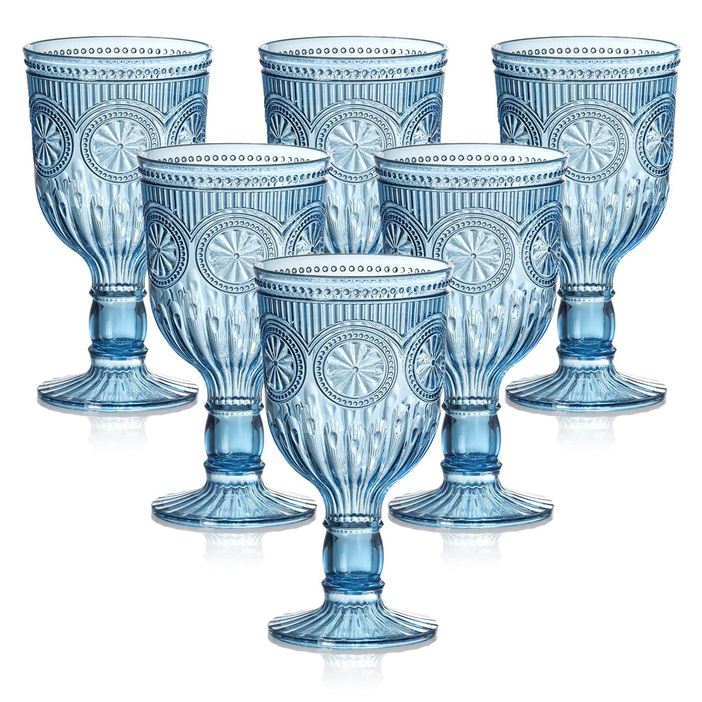 Sunflower Embossed Goblets — Set of 6, Smoky Blue, 12 oz