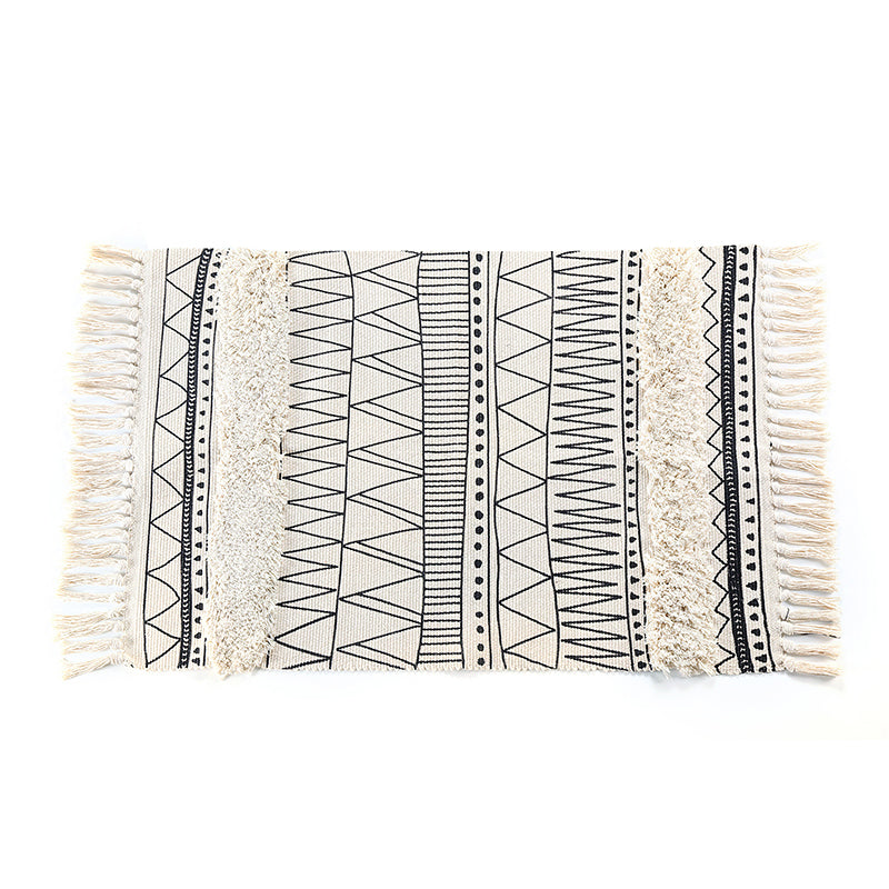 Geometric Black and White Moroccan Carpet with Tassels