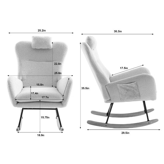 Rocking Chair With Pockets, Soft Teddy Fabric Rocking Chair For The Baby's Room, Comfortable Wingback Gliding Rocking Chair