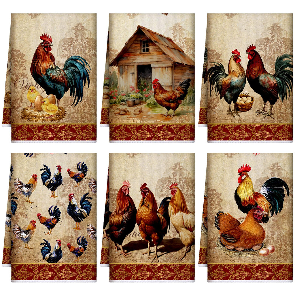 6-Piece Farmhouse Kitchen Towels, Rooster Design, Golden Brown
