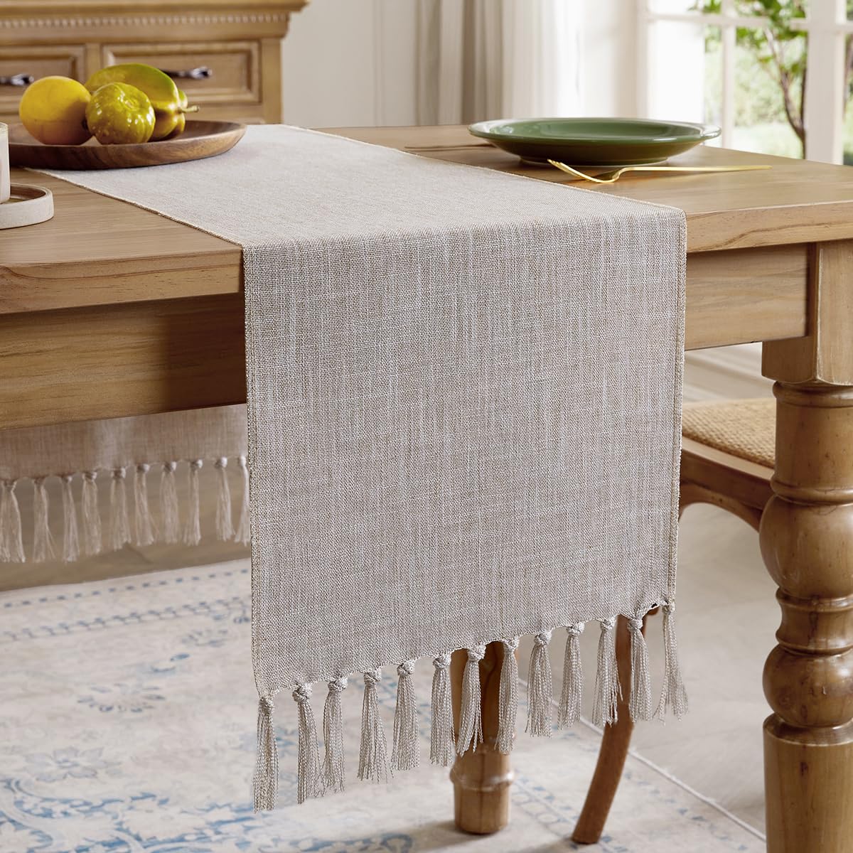 Cotton Linen Table Runner with Hand Tassels, 90 Inch, Light Coffee