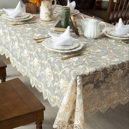 Beige Embroidered Lace Tablecloth — 52 × 70 in