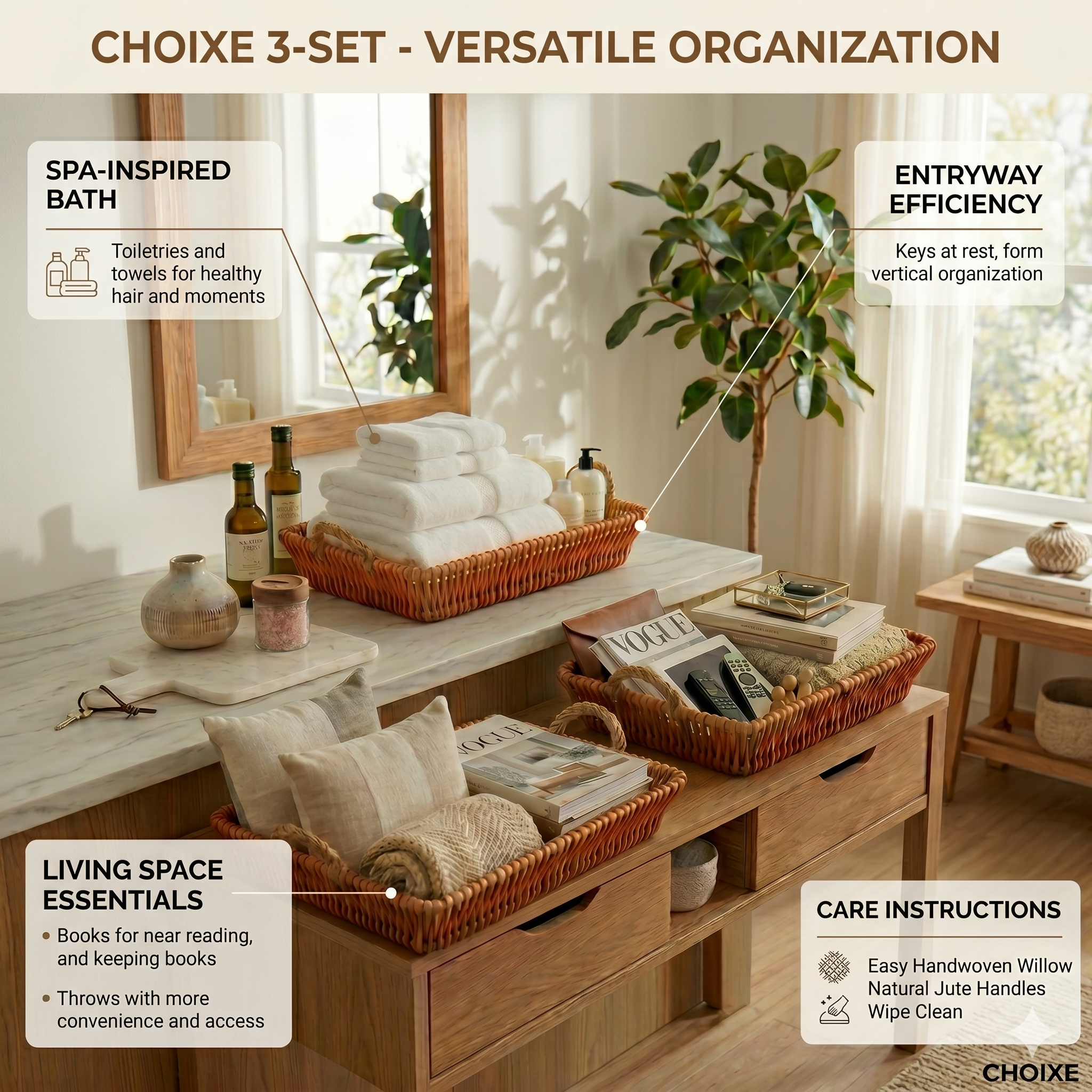 Woven Willow Home Organization Baskets – Set of 3