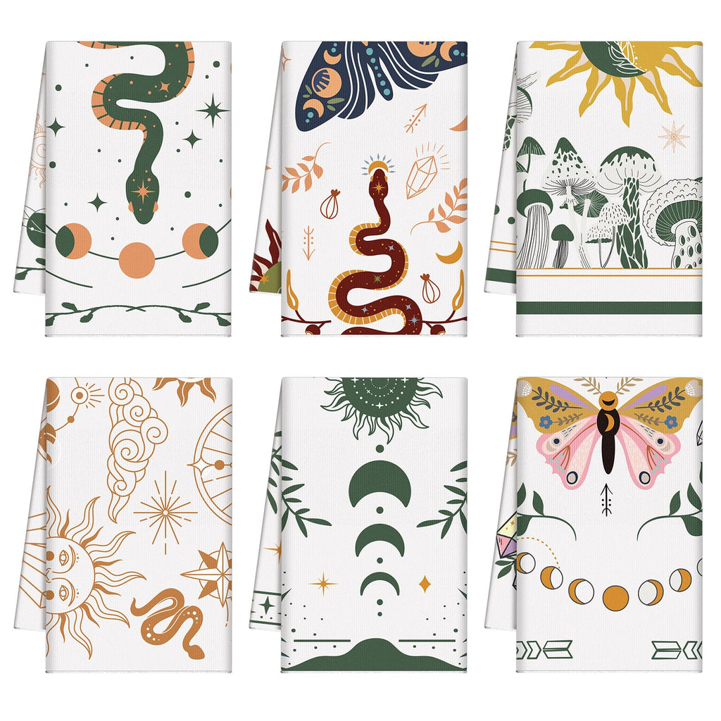 Zubebe 6 Pcs Boho Kitchen Towels Witchy Gifts 18 x 28 Mushroom Hand Towels Moon Witchy Dish Towels Absorbent Tea Towels Mushroom Gift for Farmhouse Home Decorations Fall Thanksgiving Xmas