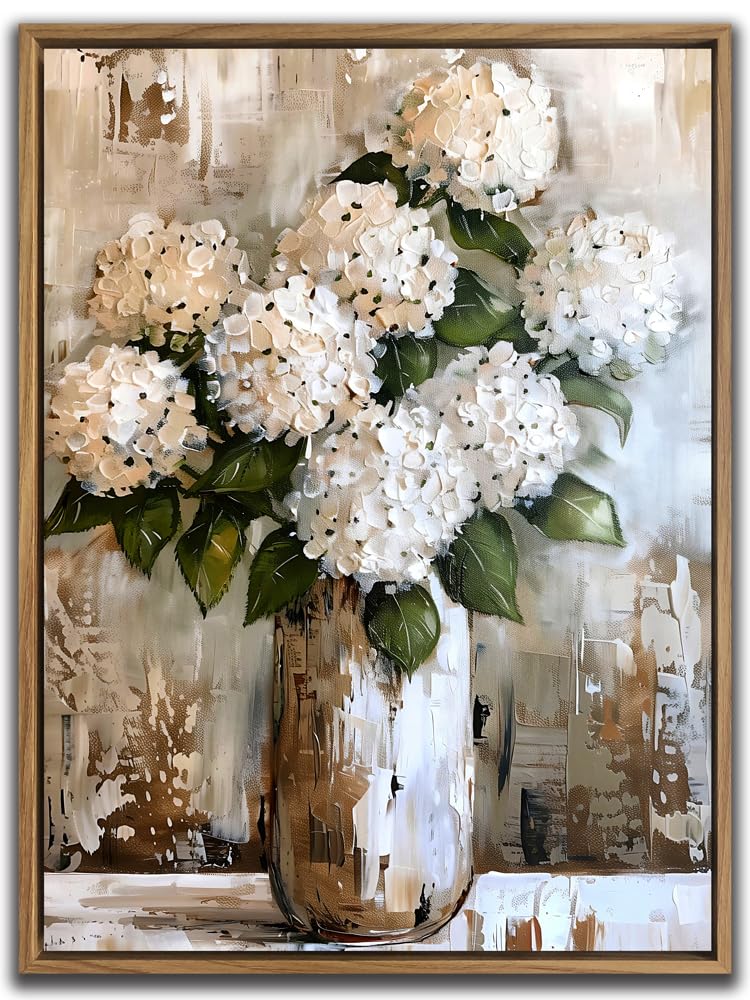 White Hydrangea Wall Art, Vintage Floral Canvas Print, 12x16, Solid Wood Frame