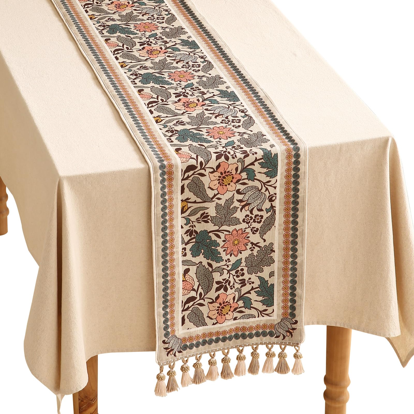 ISAENNE Designer Elegant Linen Table Runner 118 Inches Farmhouse Silver Lotus Flowers Pattern Long Table Runners for ThanksgivingDining RoomBanquetHolidayChristmasNew Year12"*118"