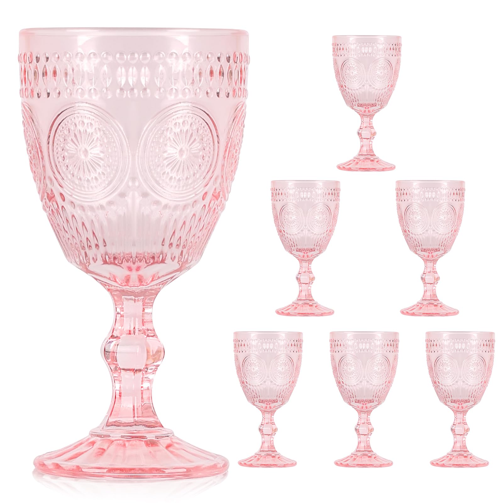 Embossed Vintage Wine Glasses — Set of 6, Pink, 10 oz