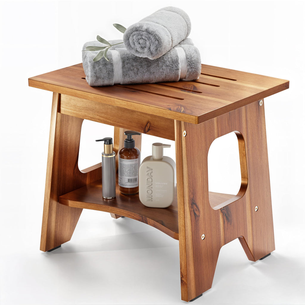 15 Inch Acacia Wood Shower Bench, Waterproof with Storage Shelf
