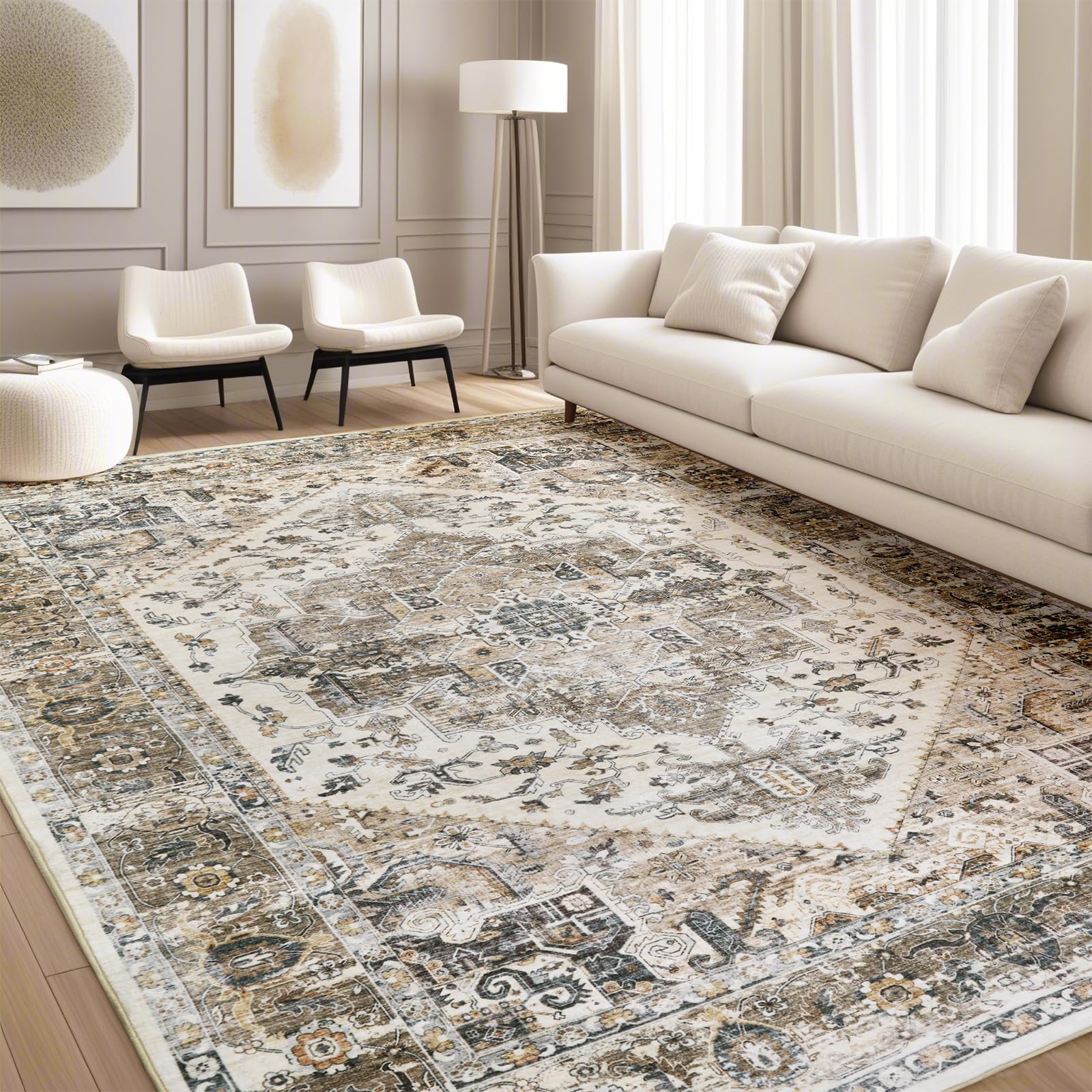 AUKOW Area Rug Washable Living Room - 9x12 Vintage Traditional Boho Carpet for Bedroom Dining Room Machine Wash Non Slip Soft Large Rug Bohemian for Farmhouse Office College Dorm Indoor Floor(Brown)