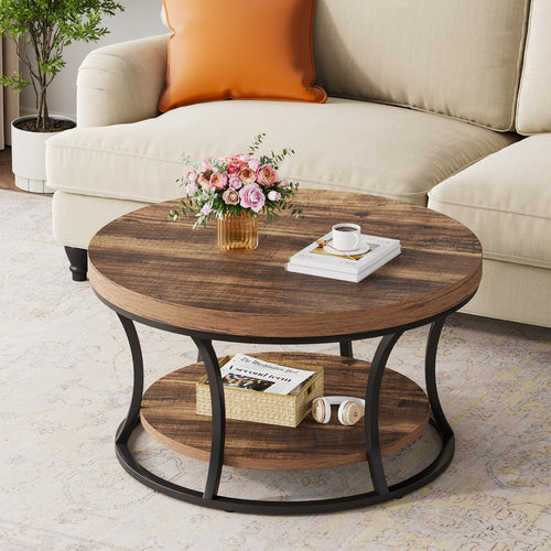 2-Tier Round Coffee Table — Rustic Brown & Black, 31 in