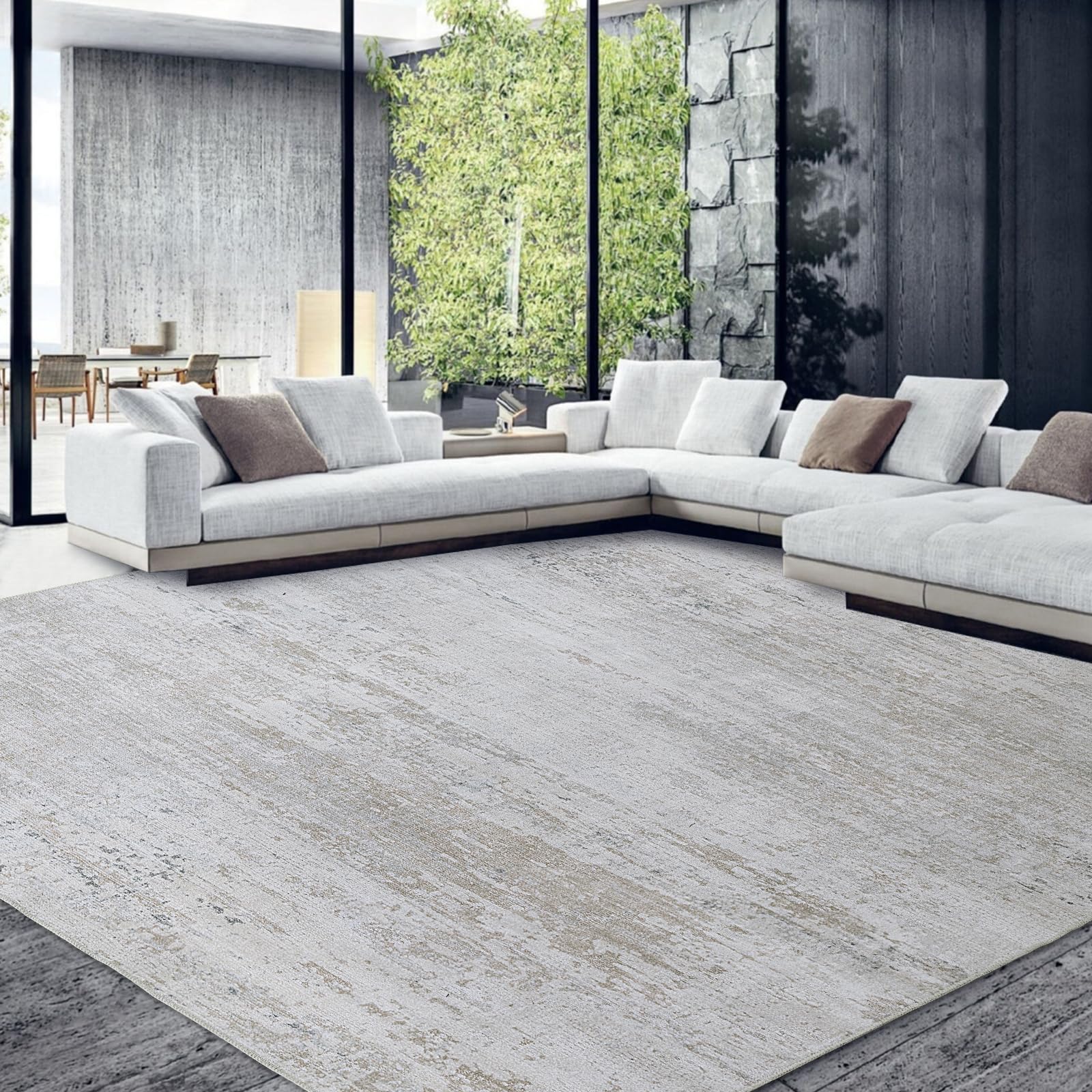 HOMBYS 12x15 ft Modern Abstract Area Rug for Living Room Bedroom Large Boho Floor Carpet with Non-Slip Backing for Indoor Office Dining Room Traditional Home Deco Machine WashableKhaki